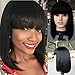 Fanshow Brazilian Glueless Human Hair Bob Wig with Bang Yaki Machine Made Short Wigs (12", Natural Color)