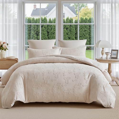 Image of 7 Pieces Bow Comforter Set for Girls Kids Khaki Tufted Boho Bedding Set Full Size Farmhouse Bed in A Bag as Gifts (1 Comforter, 1 Flat Sheet, 1 Fitted Sheet, 2 Pillowcase and 2 Pillow Sham)