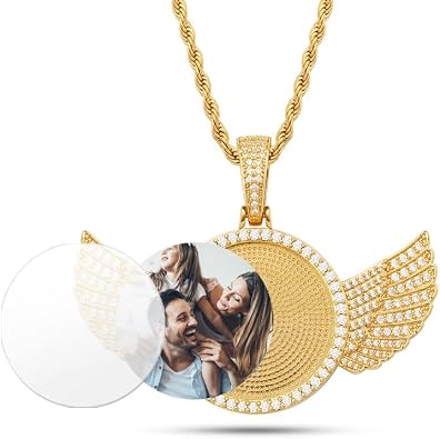 YIMERAIRE Personalized Picture Pendant Necklace Blank Picture Pendant Charm Iced Out Round Angel Wings Pendant with Rope Chain for Women and Men
