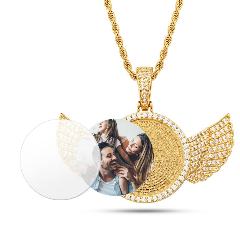 YIMERAIREPersonalized Picture Pendant Necklace Blank Picture Pendant Charm Iced Out Round Angel Wings Pendant with Rope Chain for Women and Men