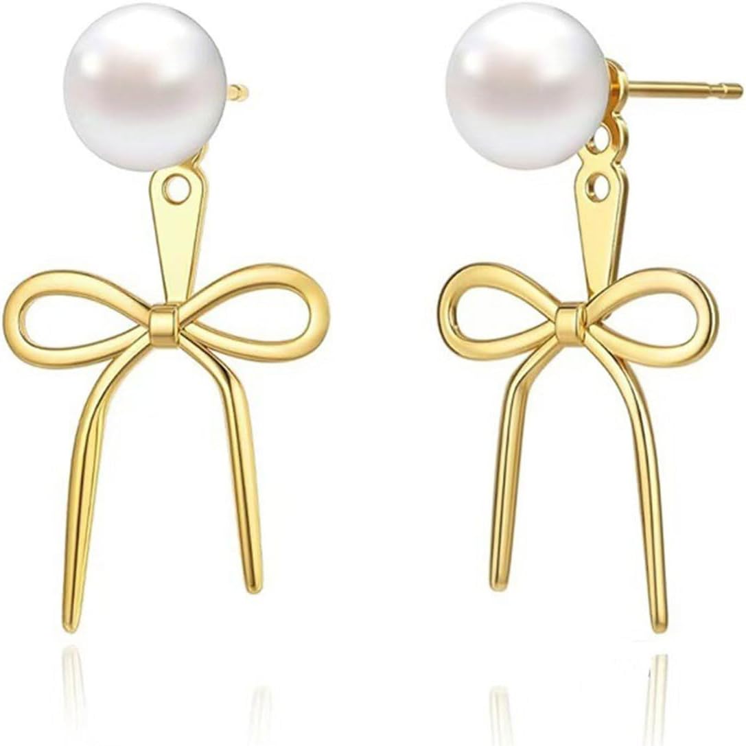 Gold Bow Earrings for Women Cute Pearl Bow Stud Earrings Dainty Ribbon Bow Drop Dangle Earrings Hypoallergenic Jewelry Gift