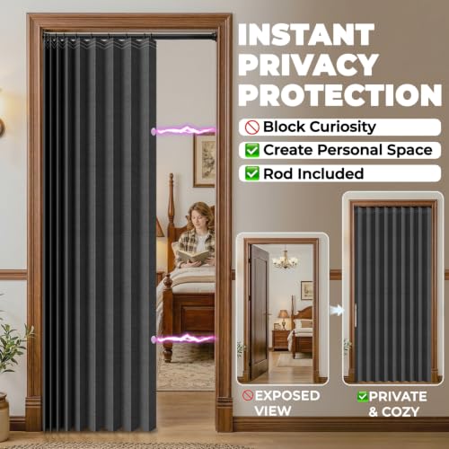 Image of AJAZZ 100% Blackout Sliding Door Curtains for Doorways, Accordion Doors Magnetic Door Curtain for Bedroom Living Room Doorway Curtain Sets (1 Pack, 44 W x 78 L,Black+Rod)