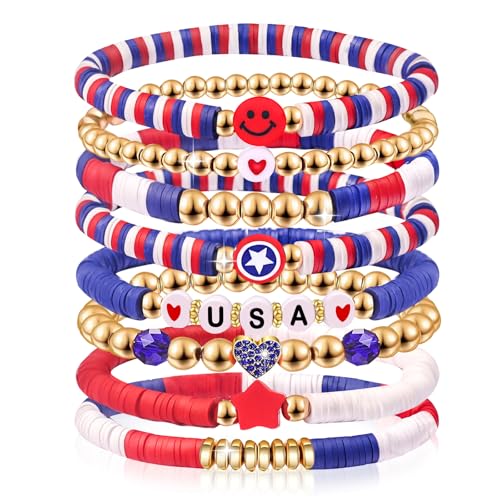 Independence Day Gifts for Women Men Teens Red White Blue Clay Beaded Stackable Stretch Bracelets USA Patriotic Jewelry 4th of July Accessories