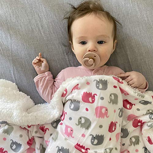 Image of EVERYDAY KIDS Large Ultra Soft Gray and Pink Elephant Minky Baby Blanket for Girls Mink and Sherpa Toddler and Baby Girl Blanket Measures 30 x 40 inch; Trendy Animal Elephant Baby Nursery Decor