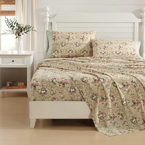 Image of Laura Ashley - King Sheet Set, Breathable Percale Cotton Bedding with Deep Pockets, Chic Home Decor, Oeko-Tex Certified (Serene Dream Brown, King)