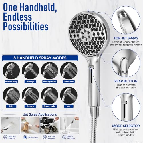 Image of Veken Filtered Shower Head with Handheld, Multi-pattern Rain Showerhead Set | High Pressure Power Wash, Dual Showerheads Combo with One Filter, 9-Function Hand Held Sprayer, Detachable, Chrome