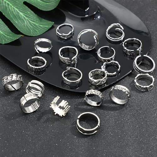 NEWITIN 20 Pieces Vintage Rings for Men Punk Ring Cool Gothic Ring Open Adjustable Silver Chunky Rings for Men Women3