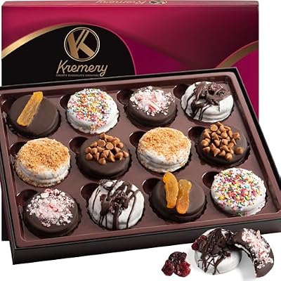 KREMERY Creamy Chocolate Cravings - Mothers Day Treats, Chocolate Covered Sandwich Cookies & Cream Gift Basket with Candied Toppings (12 Cookies) Sweet Treats in Elegant Box, Kosher