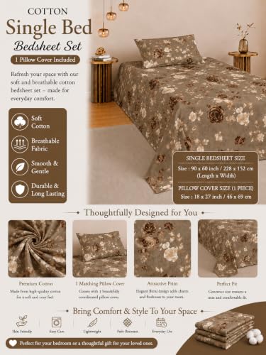 Image of IVAZA 260 TC Soft Ezyption Cotton Floral Single Bed Sheet - Single bedsheet with 1 Pillow Cover Hypoallergenic, Brethable, (Size- 90 x 60 Inch Chocolate Brown