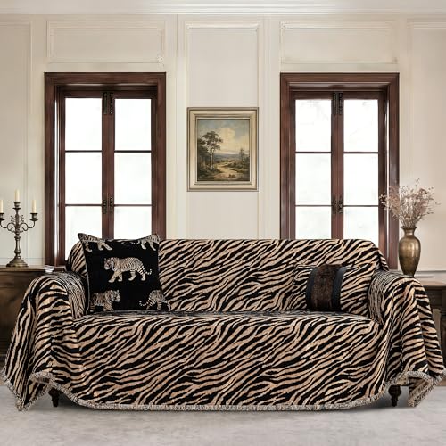 TOPWEAVE Luxury Tiger Print Couch Cover for Sofa, Chic Wild Animal Jacquard Chenille Sofa Covers for Dogs, Black Couch Slipcover with Fringe Furniture Protector for Pets(Black Gold, 71" x118")