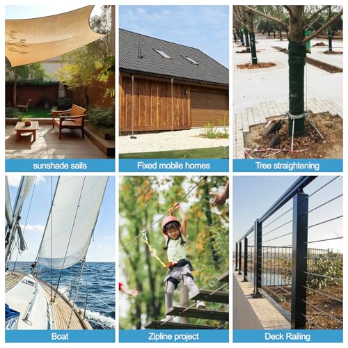 Fologtoo 1/4\" Wire Rope Kit with 50ft Stainless Steel Cable, 1/4 Turnbuckles, M8 Chain Link & Pad Eye Hooks, 1400 lbs Load Limit, Tension Cable Wire Kit for Shade Sails, Deck Railing, Camping, Boat
