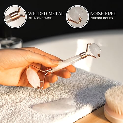 Image of Grade A+ Clear White Rose Quartz Roller & Gua Sha For Face Massager Jawline Anti-Aging, Drainage Massage, Wrinkles, Facial Guasha (Clear White)