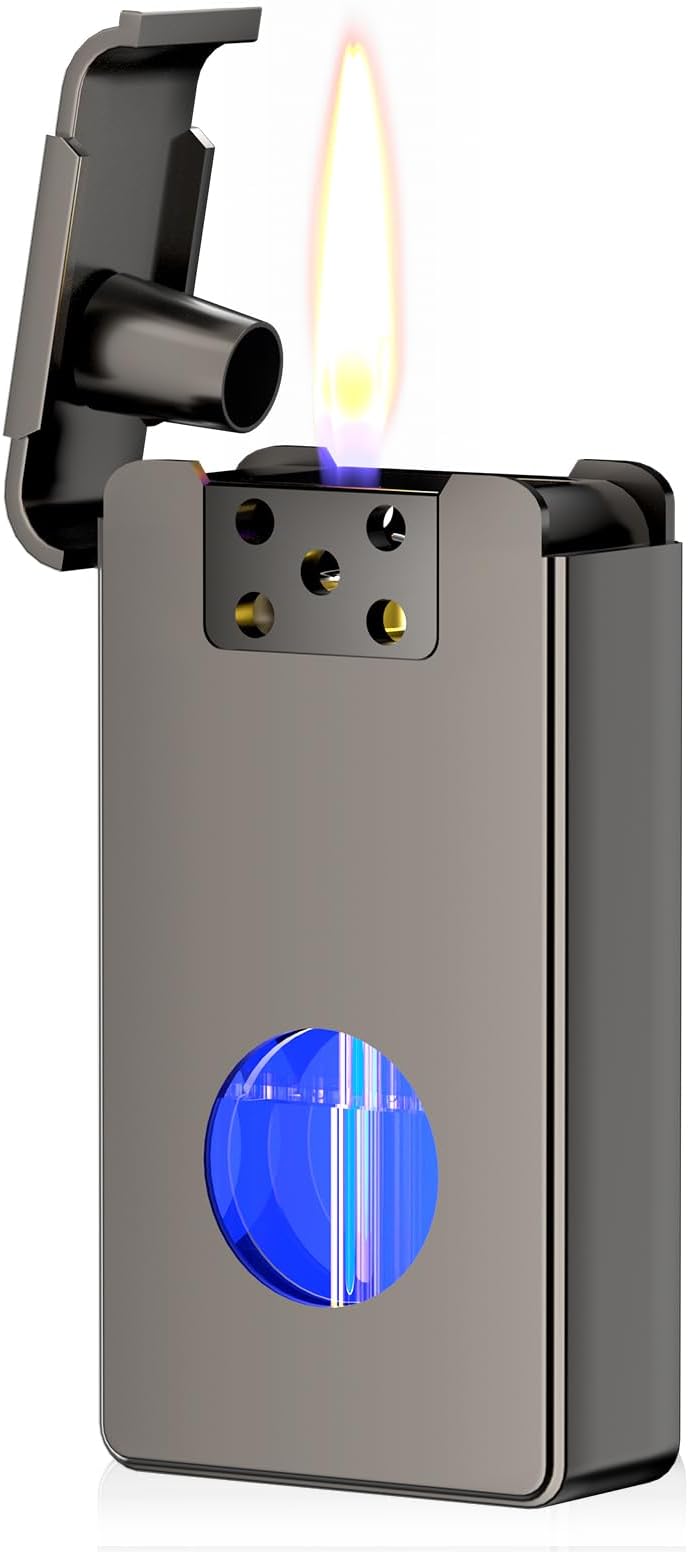 REIDEA4 Ignition Methods Kerosene Lighter, Vintage Lighter with Blue LED Light, Transparent Visible Oil Tank, Great Gift for Men, Dad, Husband - Metallic Gray (Fuel Not Included)