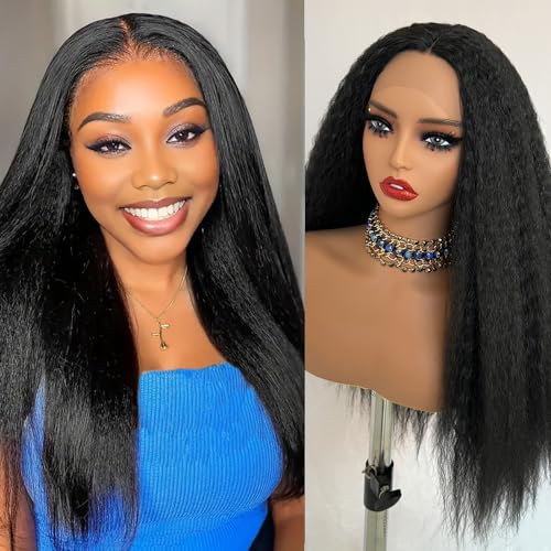 Oxeely Kinky Straight Synthetic Lace Front Wig - 200% Density Pre Plucked T Part Long Yaki Straight Wig - Natural Black Hair - 28 Inch