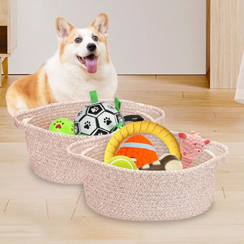 Image of ABenkle Small Basket with Handles, Boho Decorative Rope Woven Dog Cat Toy Storage Bin Shelf Storage Organizer, Easter Christmas Gift Basket, 12 inchx8 inchx5 inch