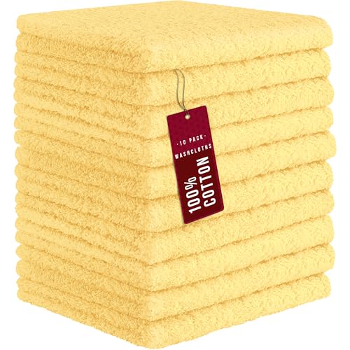 Image of DecorRack 10 Pack 100% Cotton Wash Cloth, Luxurious Soft, 12 x 12 inch Ultra Absorbent, Machine Washable Washcloths, Cream Yellow (10 Pack)