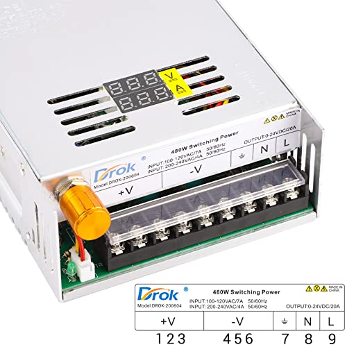 Image of DROK 24V Power Supply, AC 110V /220V to DC 0-24V 20A 480W Buck Converter Dual Display, Variable Adjustable Adapter Regulated 5V 12V 24V Volt Switching Voltage Transformer 20A Amp Charger for Lab
