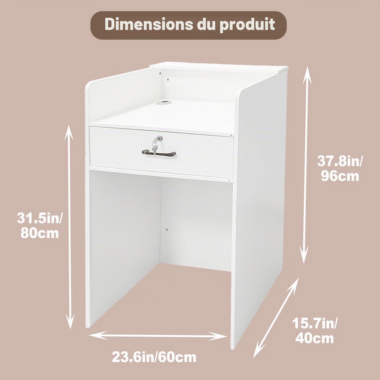 Petit comptoir de réception avec lumière LED, comptoir Moderne avec tiroir verrouillable, de Caisse Blanc pour Magasin de vêtements, Hall, Salon de beauté (Blanc, 60 x 40 x 96 cm)