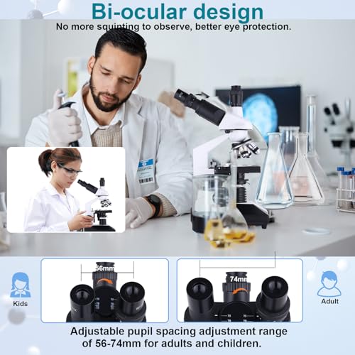 Herwicm Microscópio trinocular composto ampliação 40X-5000X, microscópio profissional de nível de pe