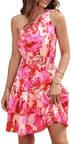 PRETTYGARDEN Women&#39;s Summer Tie One Shoulder Boho Floral Dress Elastic Waist Tiered Ruffle A Line Flowy Mini Dresses