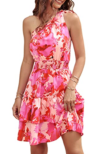 PRETTYGARDEN Women's Summer Tie One Shoulder Boho Floral Dress Elastic Waist Tiered Ruffle A Line Flowy Mini Dresses