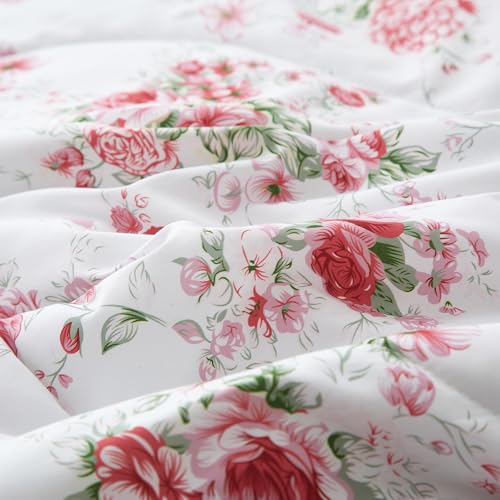 Image of VM VOUGEMARKET Rose Flower Duvet Cover Set Queen Romantic Girls Ruffle Bedding Set Soft Microfiber Botanical Duvet Cover with 2 Pillow Shams