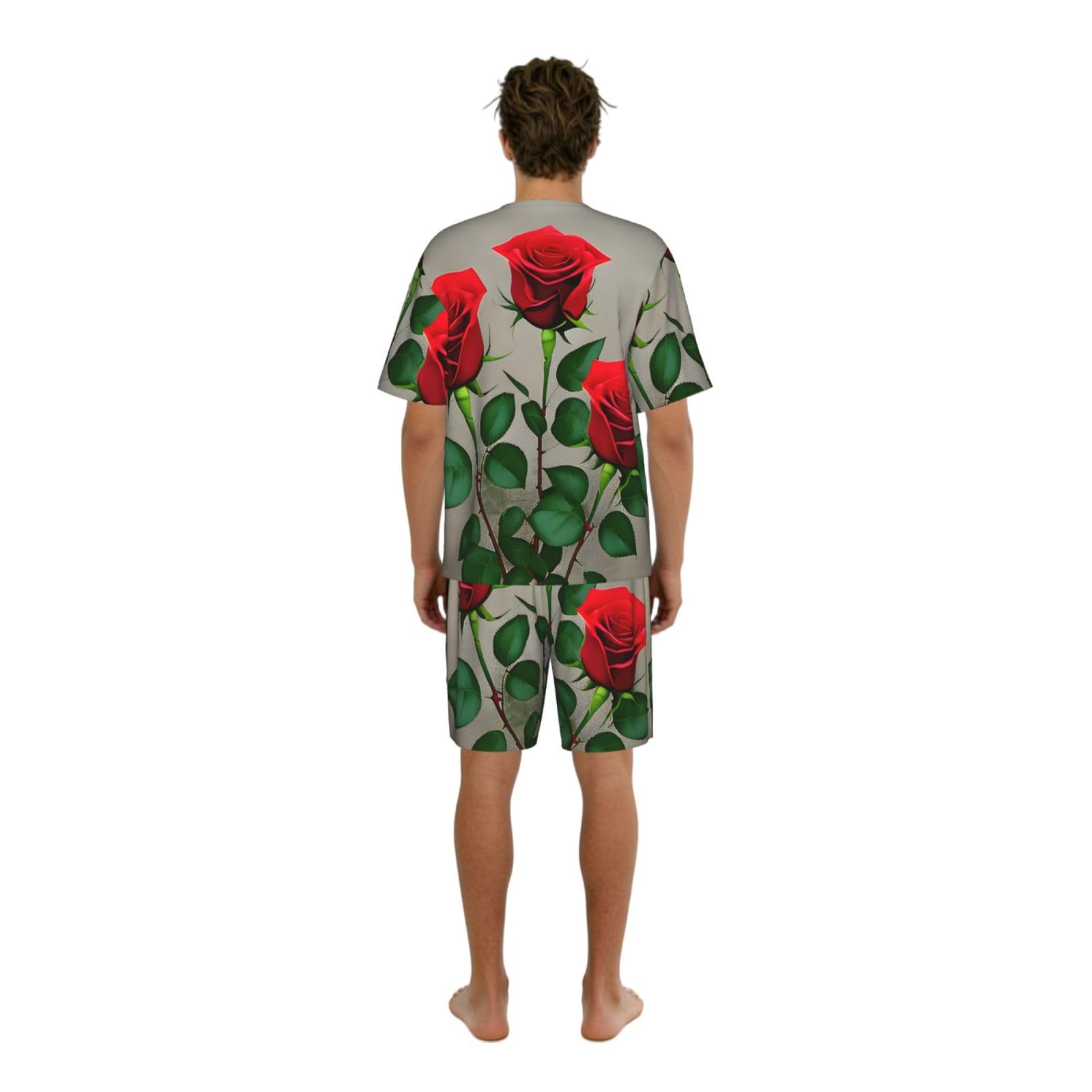 Conjunto de pijama clásico para hombre con estampado de rosas rojas, pantalones cortos de pijama suaves para hombre, perfecto para las noches de verano