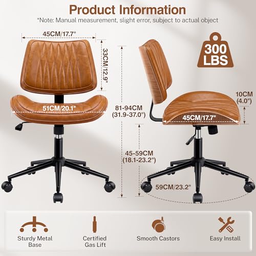 Image of Ergonomic Armless Office Desk Chair - Mid-Century Retro Orange Faux Leather with Diamond Stitch, Adjustable Height Swivel Rolling Task Computer Chair with Walnut Accent for Home Office, Study & Work