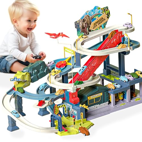 Joy Depot Juego de pista de carreras de dinosaurios con pista de coche flexible, 4 coches de dinosaurios y 4 coches de carreras, circuito de juguete, regalo de Navidad y cumpleaños para niños a partir