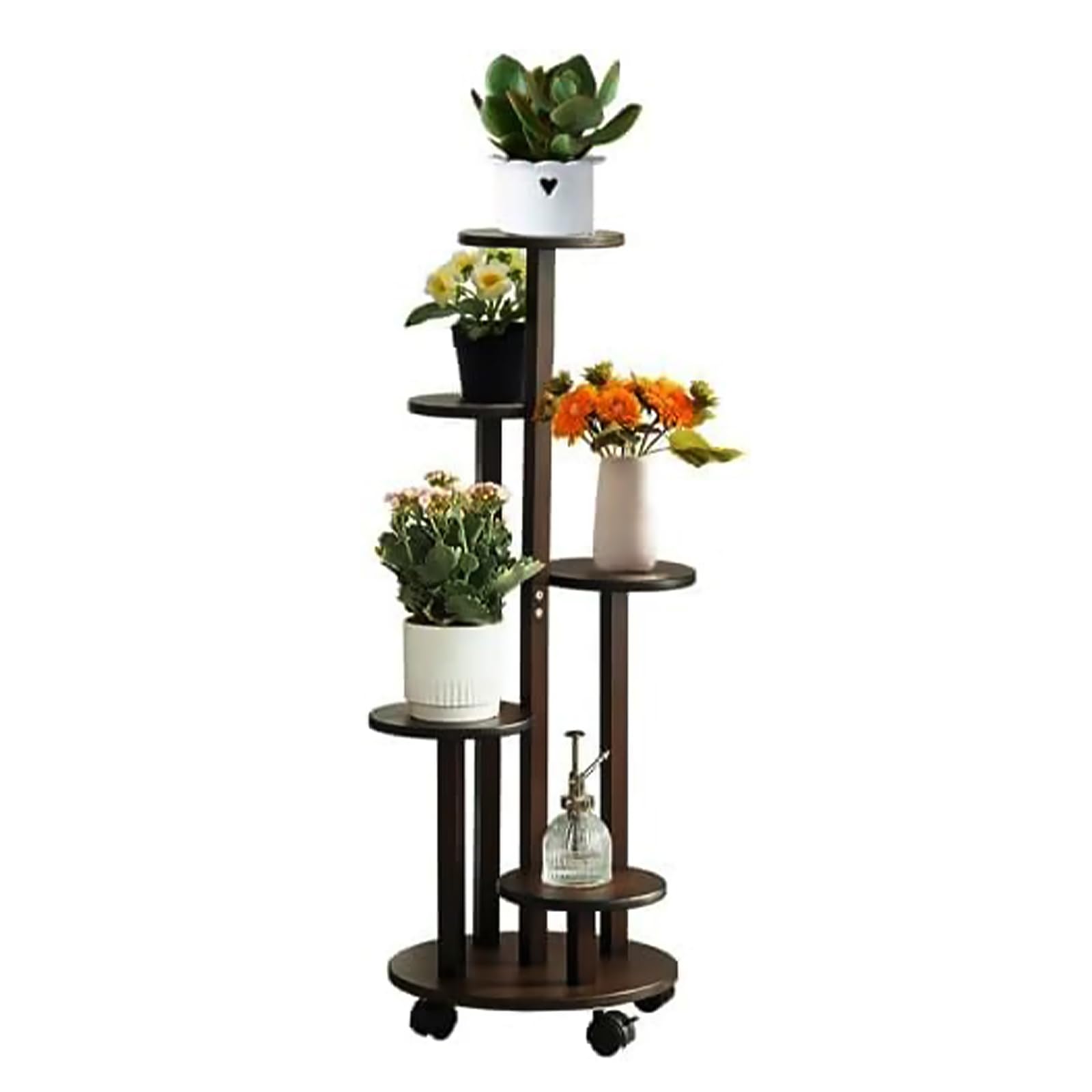 Porta Piante da Interno con Ruote, Scaffale 5 Livelli in Bambù Mobile 88 cm, Portavasi per Balcone, Giardino, Terrazzo, Supporto per Piante Reggivaso con Rotelle,Ø 31.5 cm (marrone)
