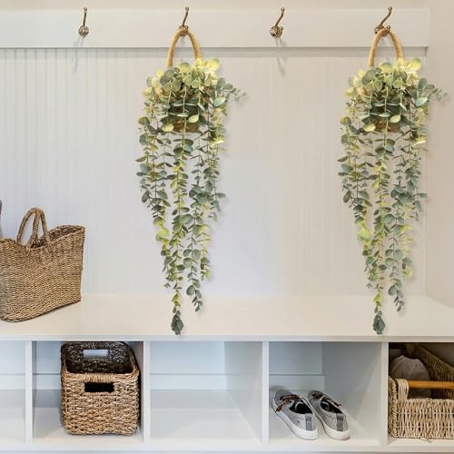 Fake Hanging Plant Decor Indoor, Eucalyptus Artificial Faux Plants in Wall Woven Planters, Jute Hanger with Black Pot Soft Green 1PCS 23Inch Long - Image 3