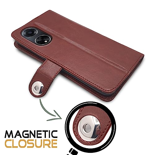 Image of Pikkme Oppo F23 5G Flip Cover Leather Finish | Inside TPU with Card Pockets | Wallet Stand and Shock Proof | Complete Protection Button Flip Case (Brown)
