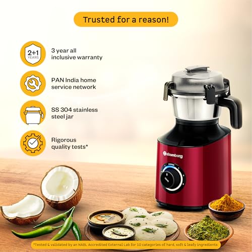 Atomberg Zenova Mixer Grinder for Kitchen with Intelligent BLDC Motor | Unique Coarse Mode for Silbatta-like Texture | 4 Jars incl. Chopper | Hands-Free Operation | Safety Features | Red Wine 8 51NPU9THtQL