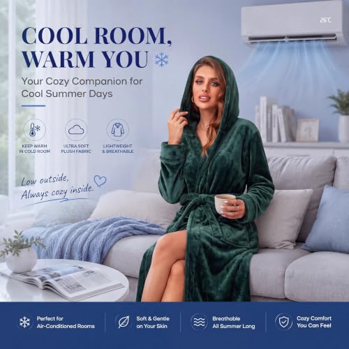 Image of RONGTAI Womens Robes Plush Fleece Hooded Bathrobe Thick Nightgown with Pockets Fluffy Sleepwear