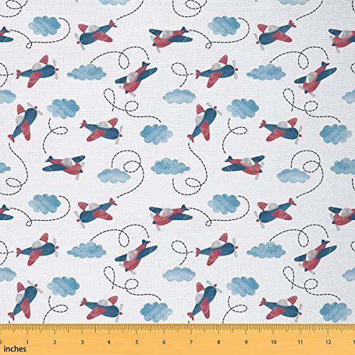 Kids Airplane Fabric by The Yard,Boys Vintage Watercolor Airplane Upholstery Fabric Space Cartoon Aircraft Blue Clouds Decorative Fabric for Quilting Sewing, DIY Craft Patchwork 1 Yard