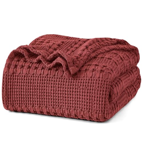 Image of PHF 100% Cotton Waffle Blanket Twin Size for College Dorm, Lightweight Breathable and Soft for Summer, Luxury Aesthetic Waffle Weave Blanket for Bed & Gifts for Women, 66 inchx90 inch, Wine Red