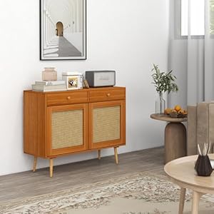 HOMCOM Storage Cabinet Boho Kitchen Cabinet with 2 Drawers Adjustable Shelf Rattan Doors and Wooden Legs Accent Cabinet for Living Room Light Brown