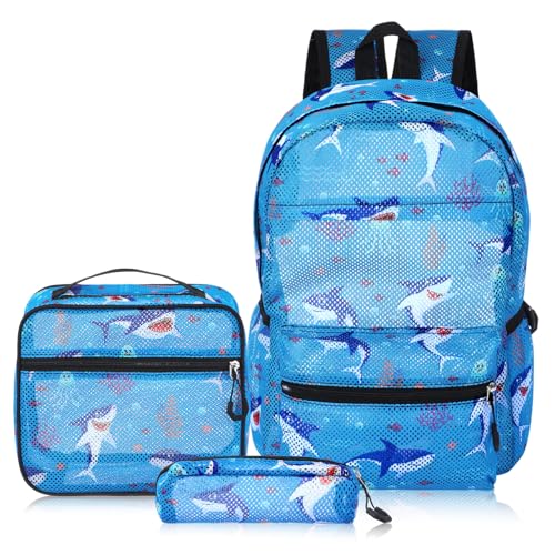 3 Pack Mesh Backpack for Kids with Lunch Bag and Pencil Case Boys Girls School Travel Beach Gym Sports Bookbag (Shark)