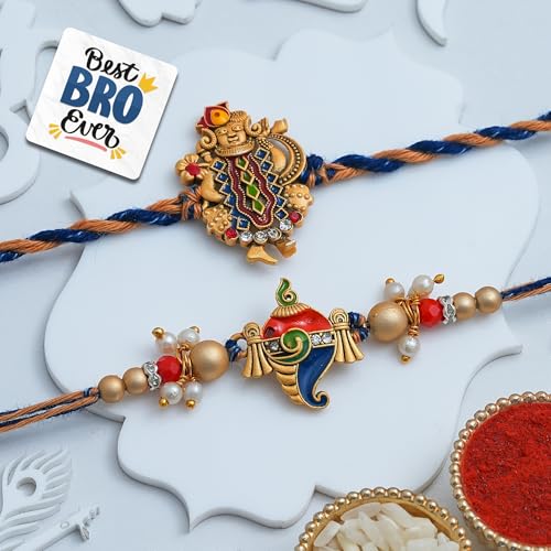 Image of eCraftIndia Lord Shrinathji and Shankh Designer Rakhi Set of 2 | Rakhi for Brother Bhaiya Bhai with Best Bro Ever Fridge Magnet | Roli Chawal Pack