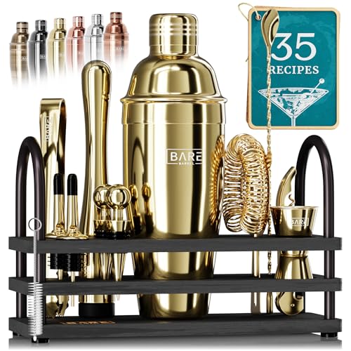 BARE BARREL® Mixology Bartender Kit Bar Set | 14-Piece Cocktail Shaker Set | Martini Barware Mixing Tools for Home Bartending | 35 Recipe Cards | Gift Set (24oz Cobbler Shaker, Gold/Black) by Bare Barrel - Used condition - US$47.89
