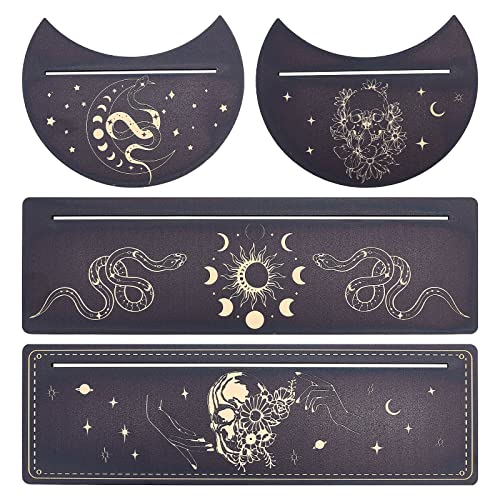 GORGECRAFT 4 Pieces Wooden Tarot Card Stand Holder Moon Phase Snake Skull with Flowers Pattern Tarot Card Black Altar Stand Rectangle Moon Shape Tarot Card Display Holder for Witch Divination Tools