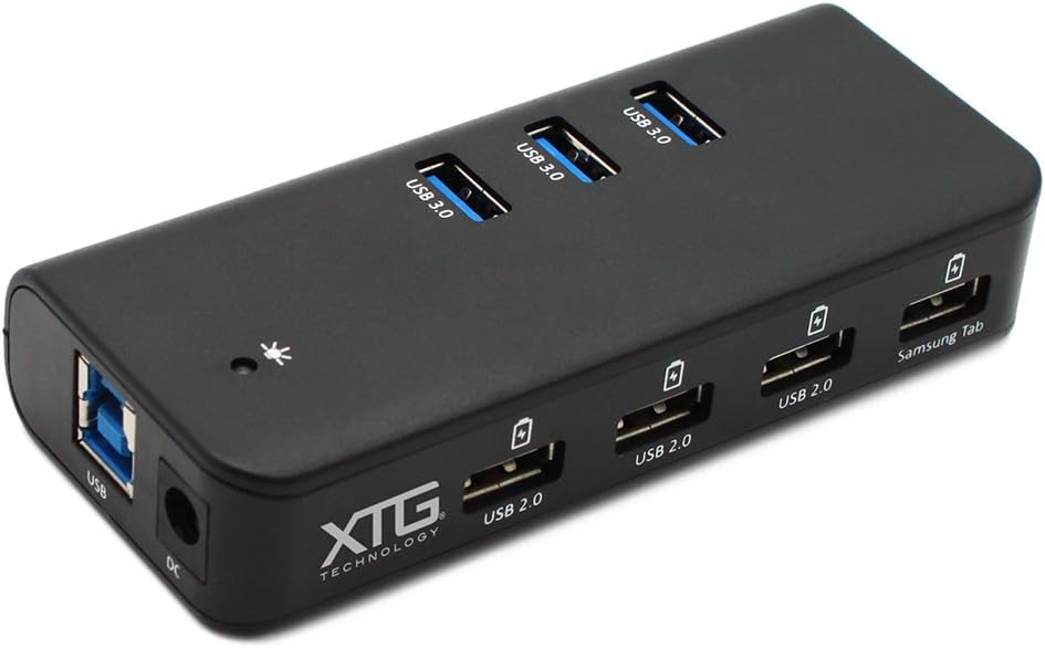 XTG Home Power Station: Slim 7 Port Powered USB (2.0 & 3.0) Hub for Fast Charge & High Speed Data Transfer. For use with Mac, Linux and Windows. Includes AC Adapter and USB 3.0 (Type A to Type B) Cable.