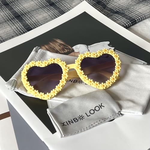 Image of Kids Heart Shaped Valentines Day Cute Flower Sunglasses for Toddler Girls Age 3-10 Outdoor Beach Eyewear UV400