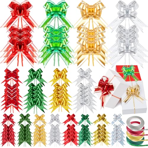 Wavwavw 160 Pcs Christmas Pull Gift Bows with 20 Rolls Crimped Curly Ribbons Christmas Assorted Gift Bows Metallic for Xmas Presents Wedding Party Basket Holidays Decoration(Classic Color)