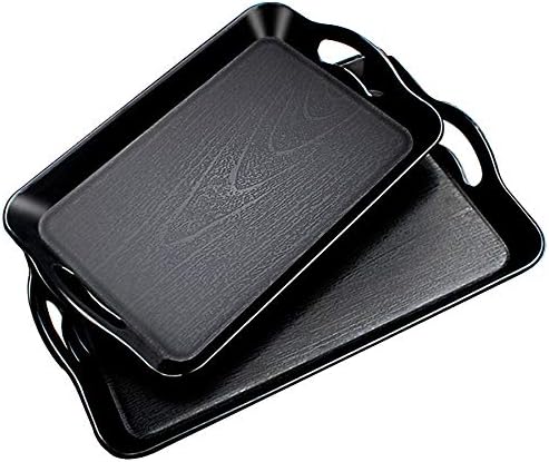 Uniyou Wood Grain Serving Tray with Handles Rectangular Thickened Waterproof Heat Resistant Plastic Serving Tray with Wide Handle, Black 16.5'' x 11'' and 14.5'' x 9''