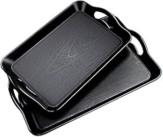 Uniyou Wood Grain Serving Tray with Handles Rectangular Thickened Waterproof Heat Resistant Plastic Serving Tray with Wide Handle, Black 16.5'' x 11'' and 14.5'' x 9''