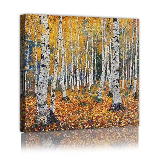 Forêt d'automne toile murale CHERHERART peinture arbres de bouleau déco 55x55cm