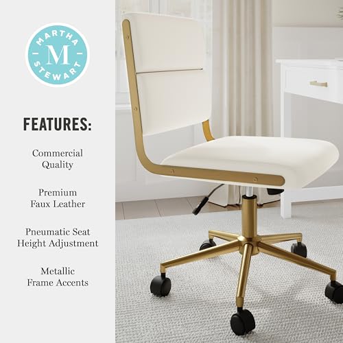 Martha Stewart Lulu Swivel Task Chair with Height Adjustable Seat for Home Office in Off White Faux Leather with Polished Brass Frame by Martha Stewart - Image 7