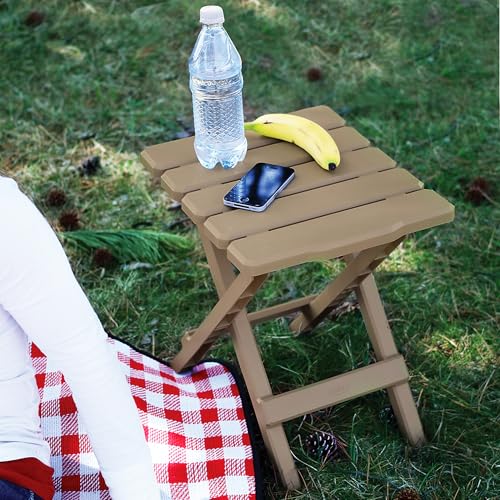 Image of Camco Adirondack Portable Outdoor Camping Small Weatherproof Rustproof Durable Plastic Folding Side Table for Indoor and Outdoor Use, Taupe