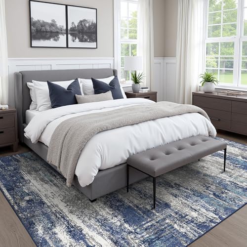 Area Rugs 3x5 for Living Room Bedroom, Indoor Modern Abstract Machine Washable Rug, Small Soft Low Pile Floor Carpet with Non Slip Backing for Entryway, Navy Blue Gray